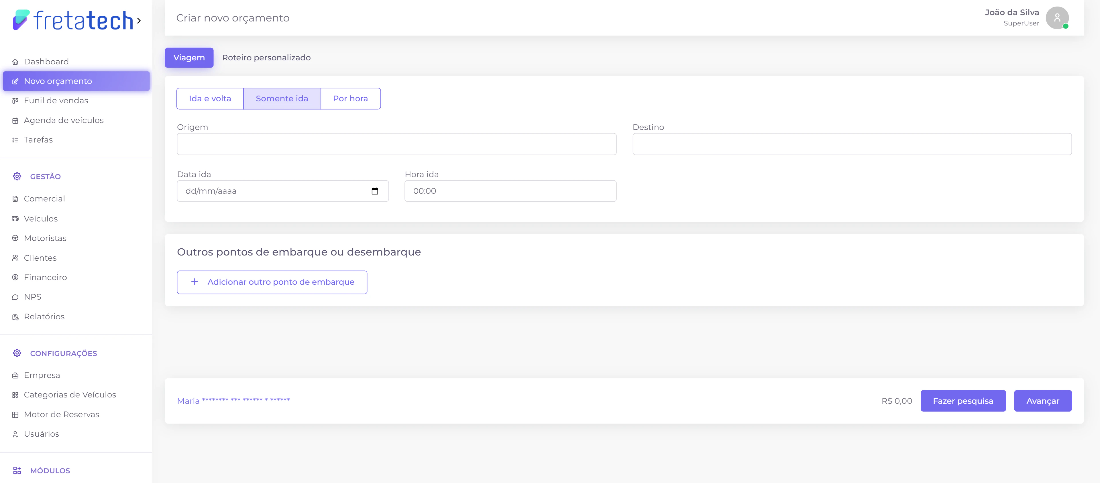 Formulário somente ida