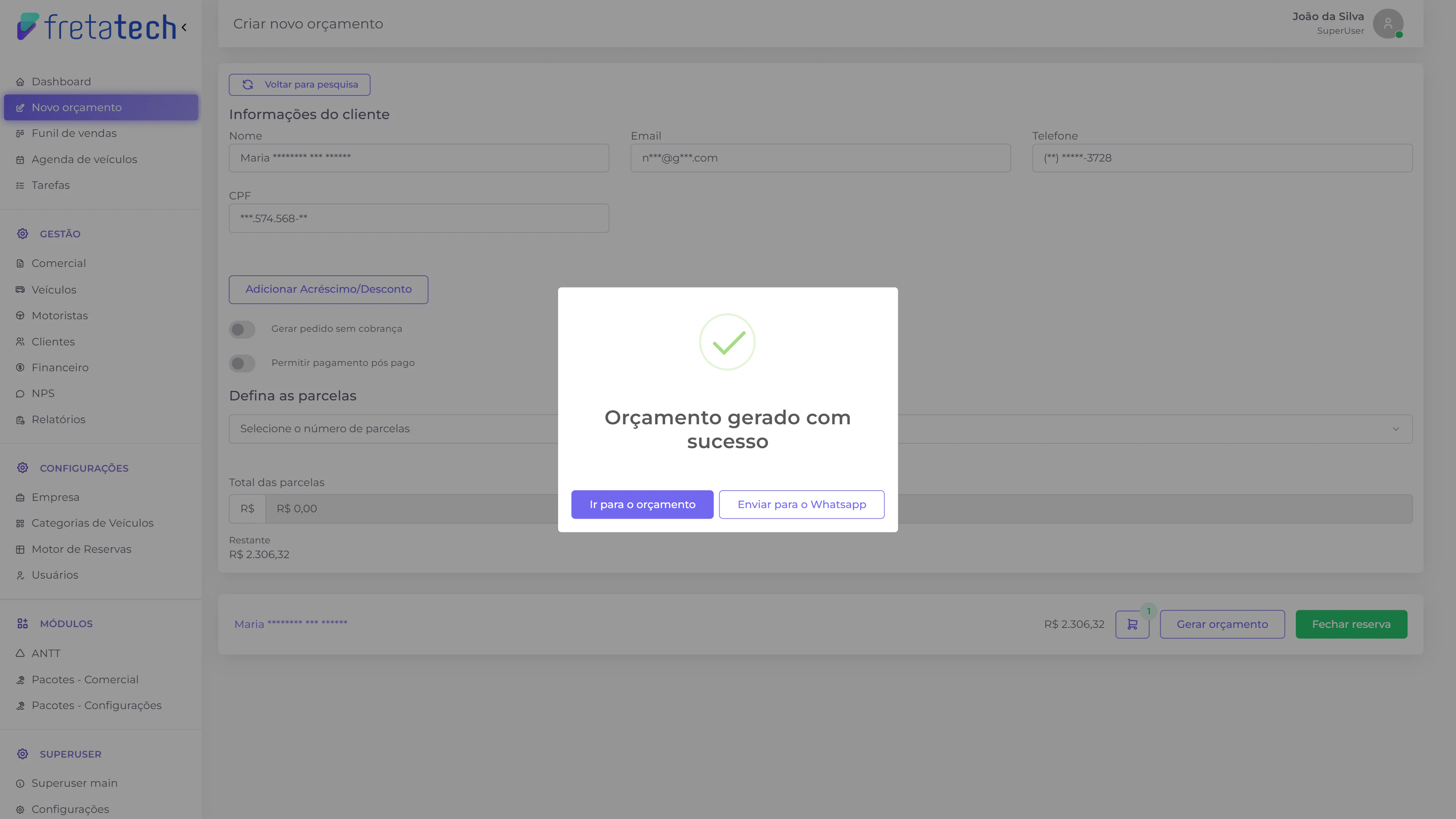 Modal de orçamento gerado com sucesso