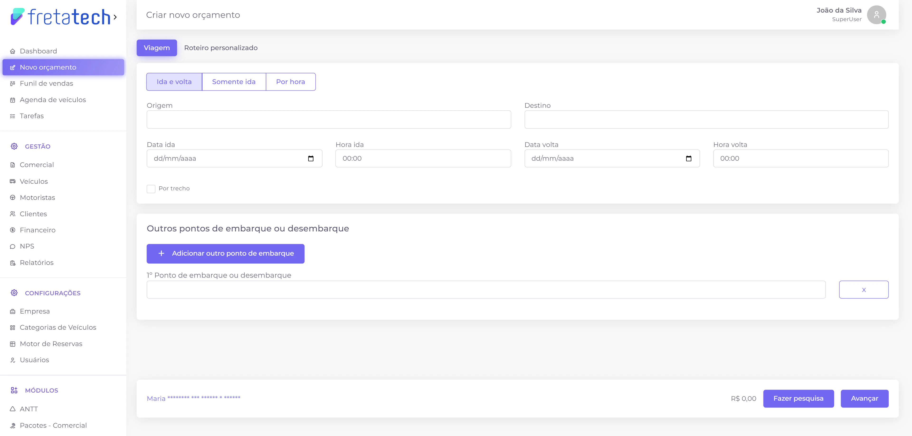 Outros pontos de embarque ou desembarque