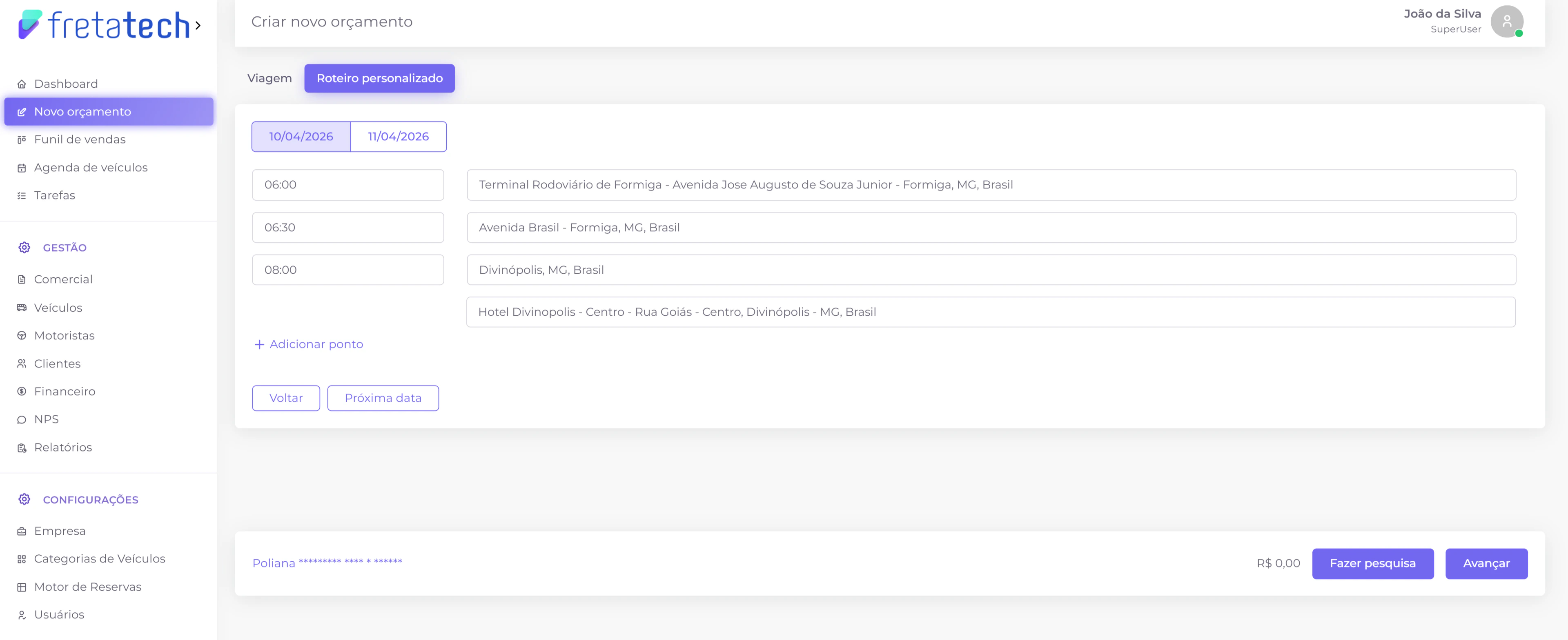 Formulário roteiro personalizado - dia 1