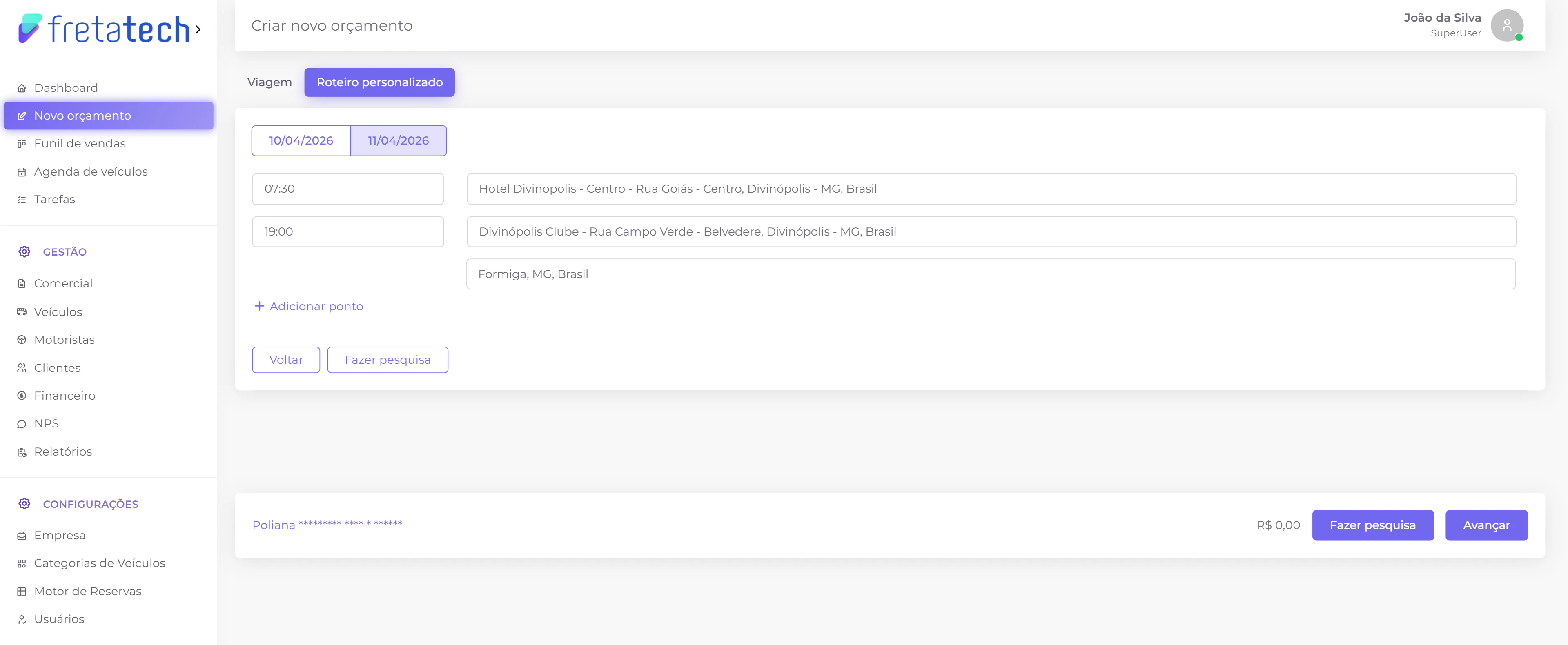 Formulário roteiro personalizado - dia 2