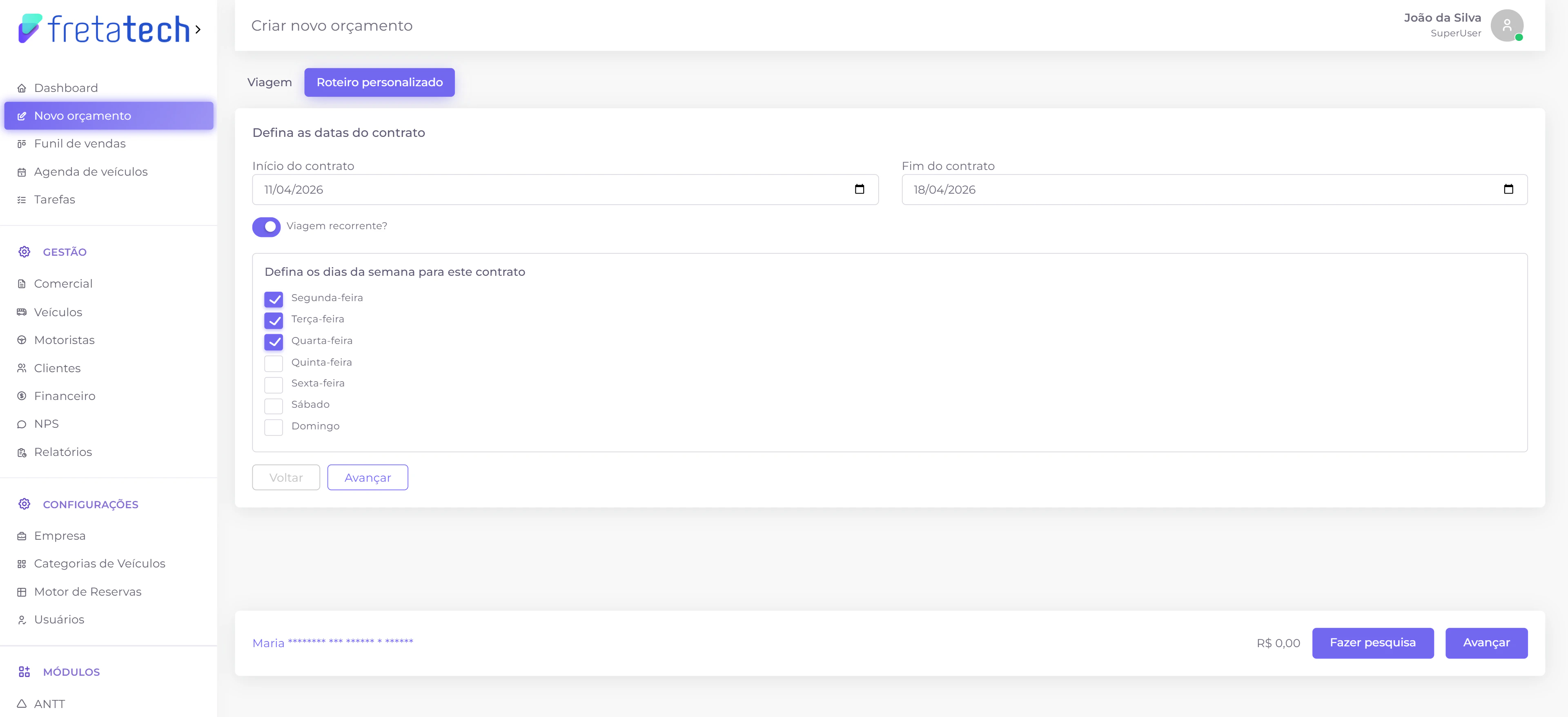 Seleção de dias da semana para viagem recorrente