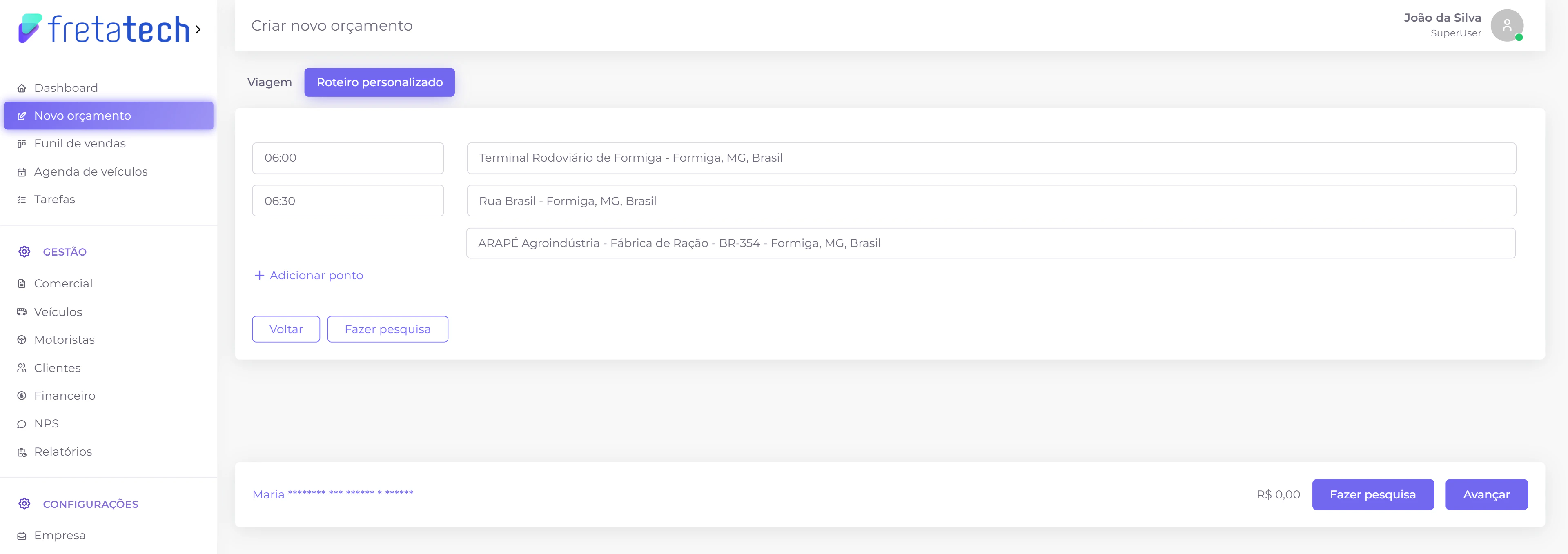 Configuração do roteiro recorrente
