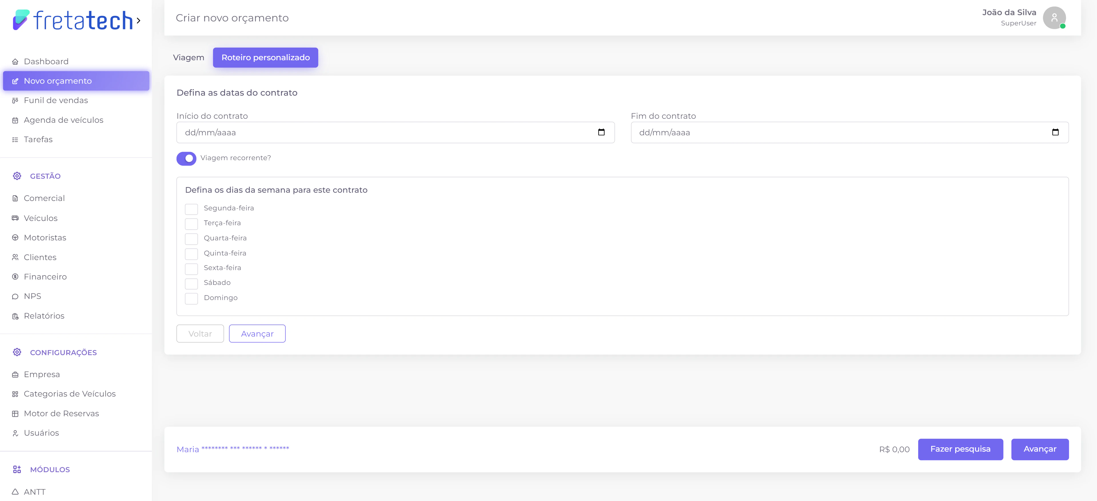 Roteiro personalizado com viagem recorrente