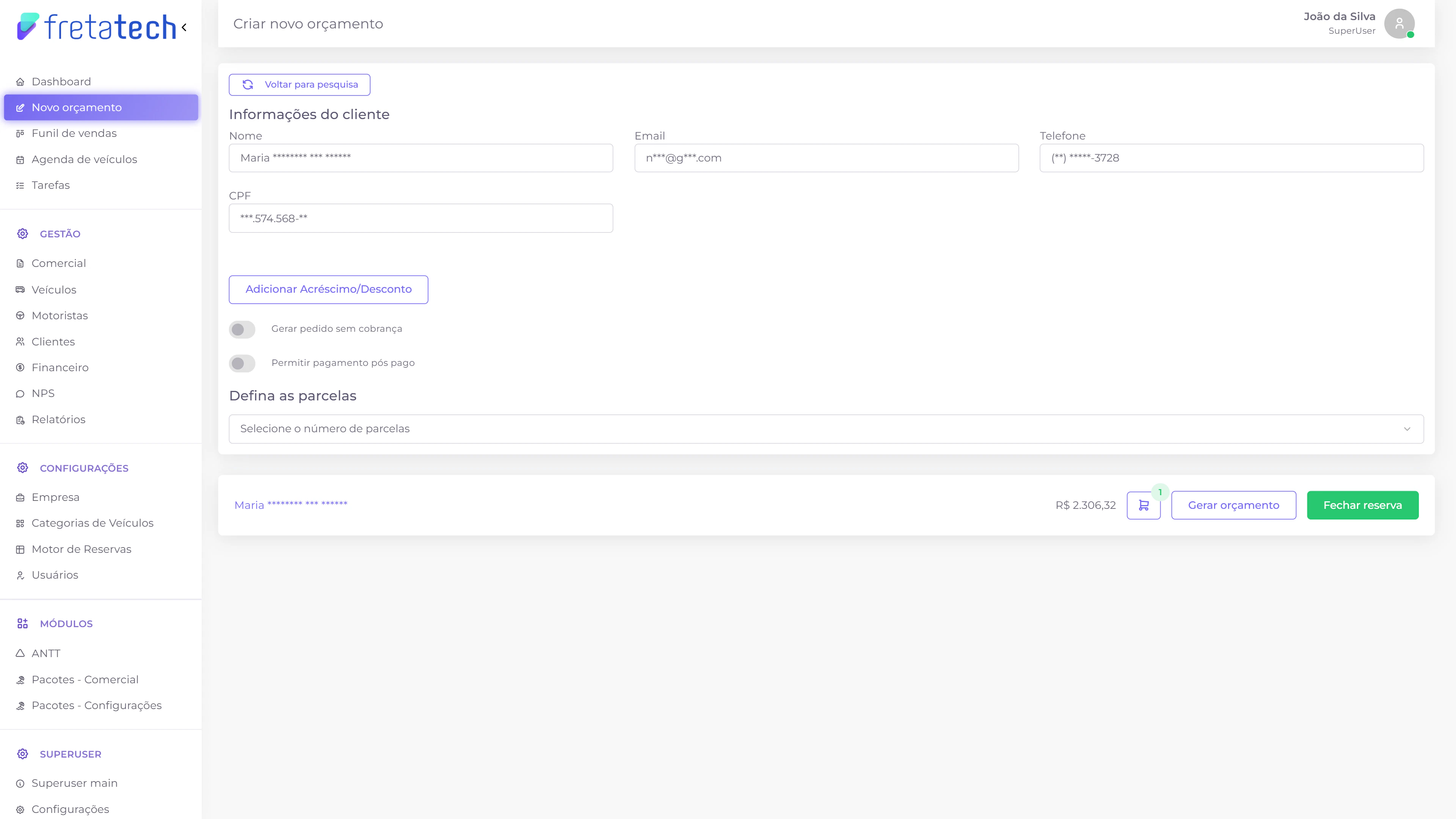 Tela de definição de pagamento pessoa física