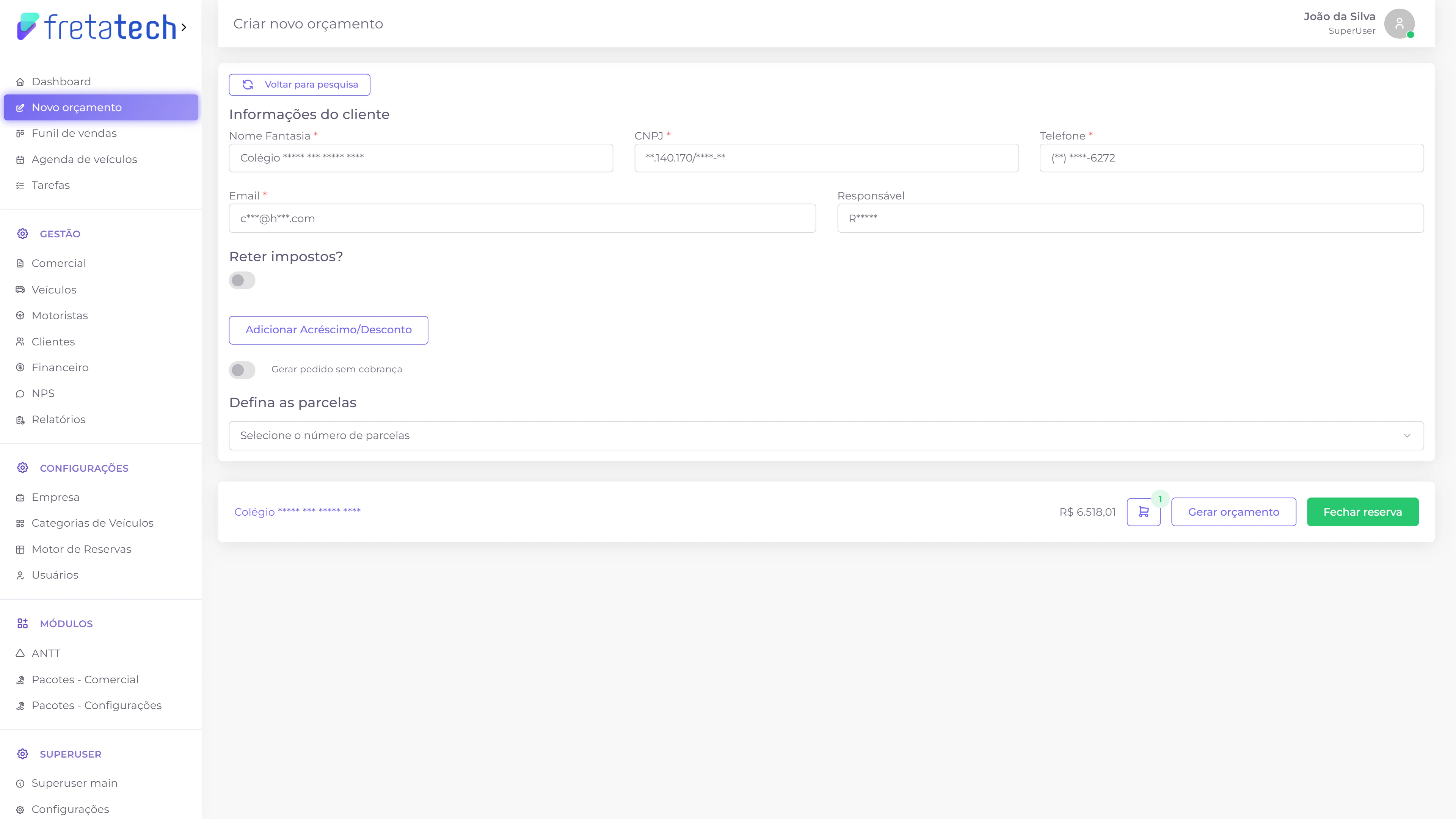 Tela de definição de pagamento pessa jurídica