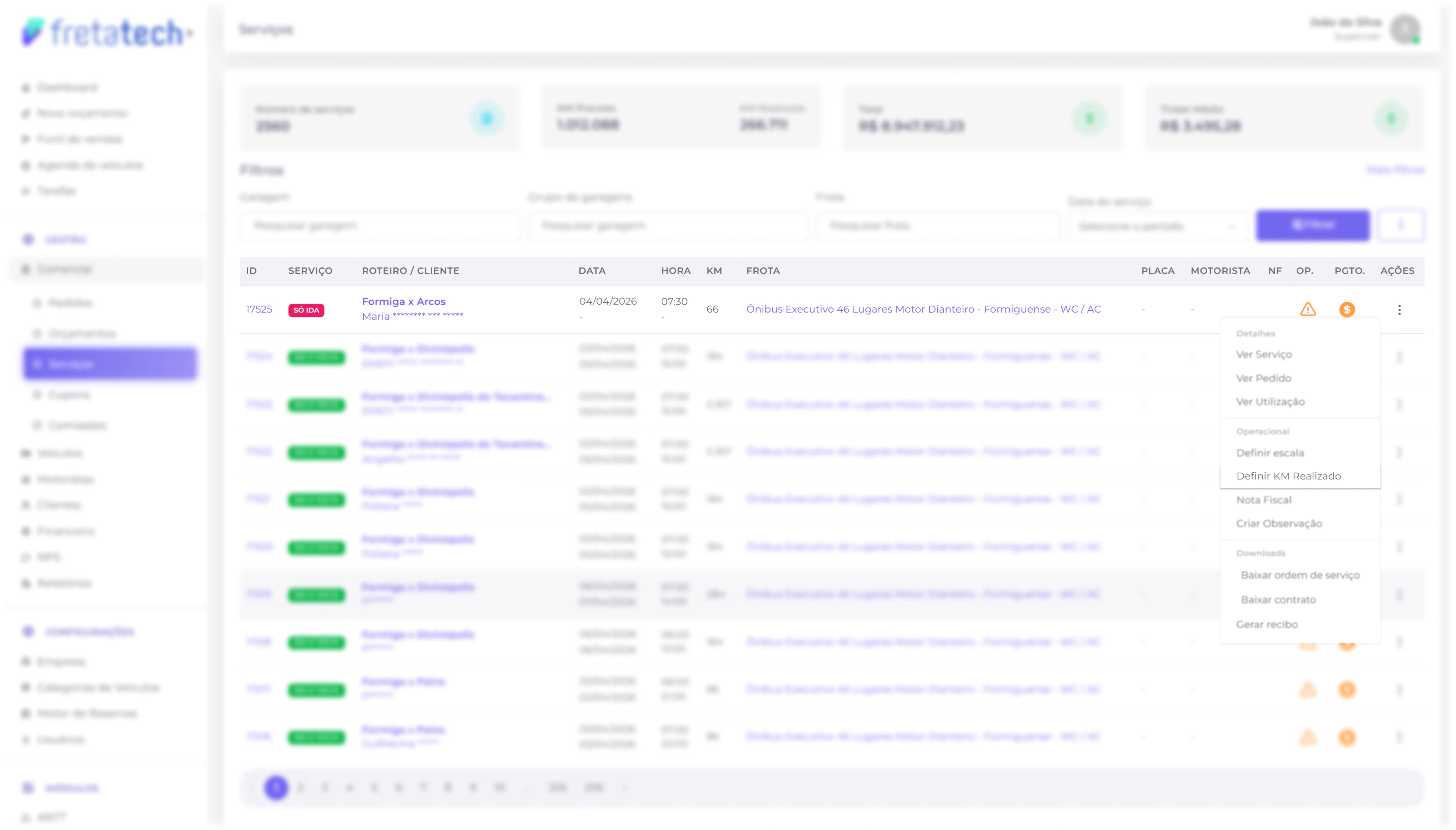 Dropdown de ações - definir KM realizado