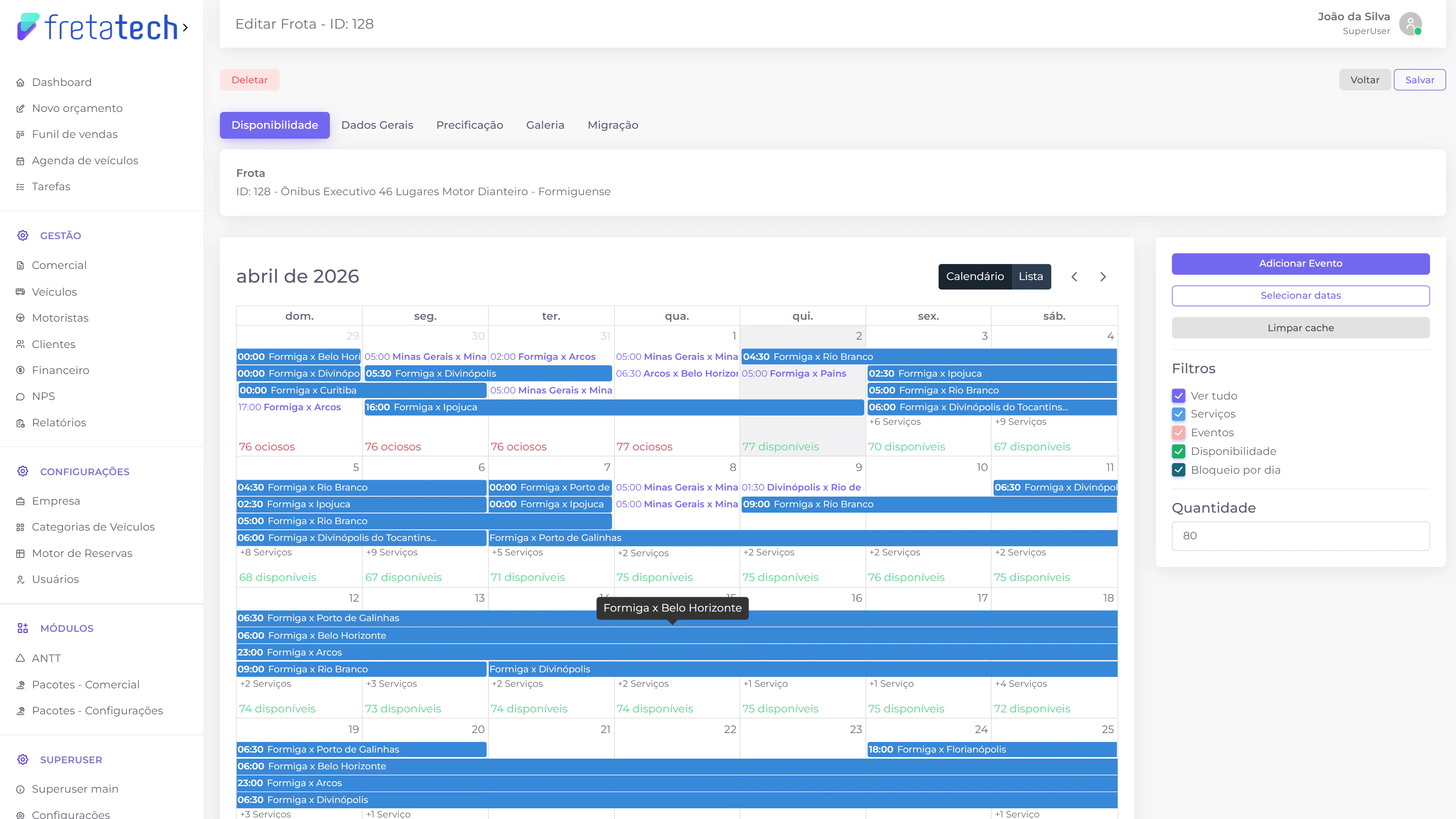 Página de edição da frota