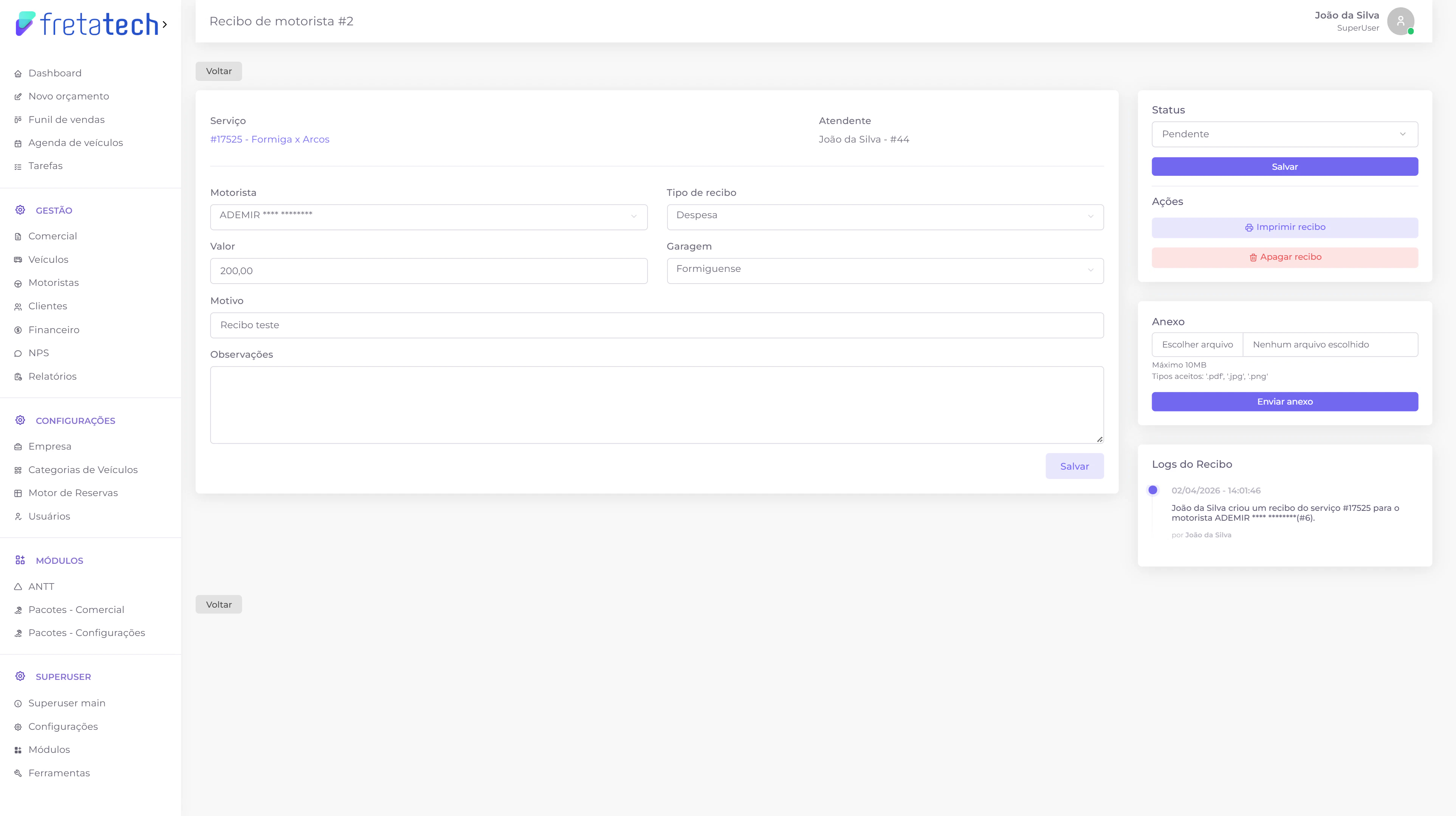 Detalhes do recibo gerado
