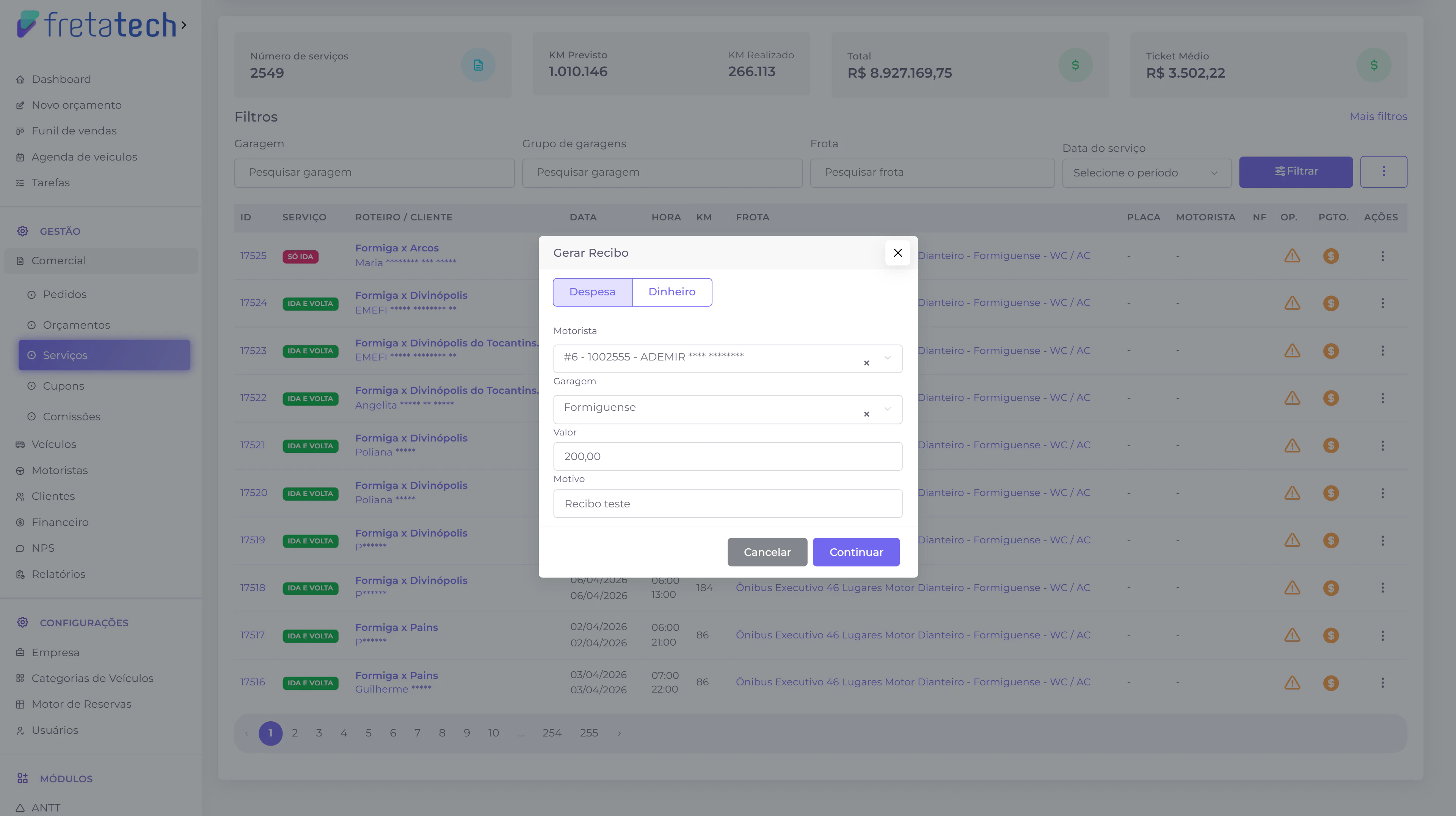 Modal de recibo preenchido