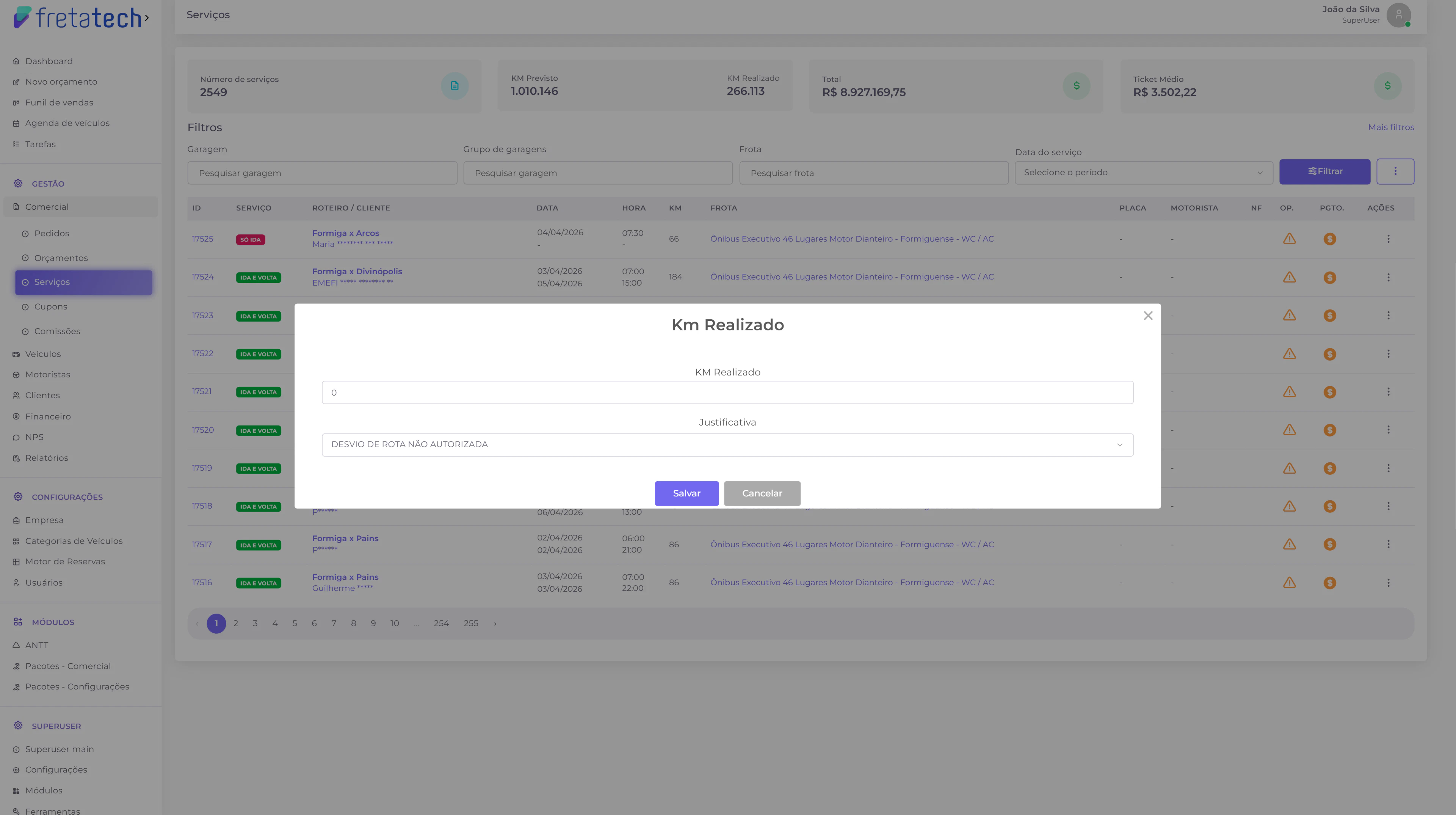 Modal para definir KM realizado