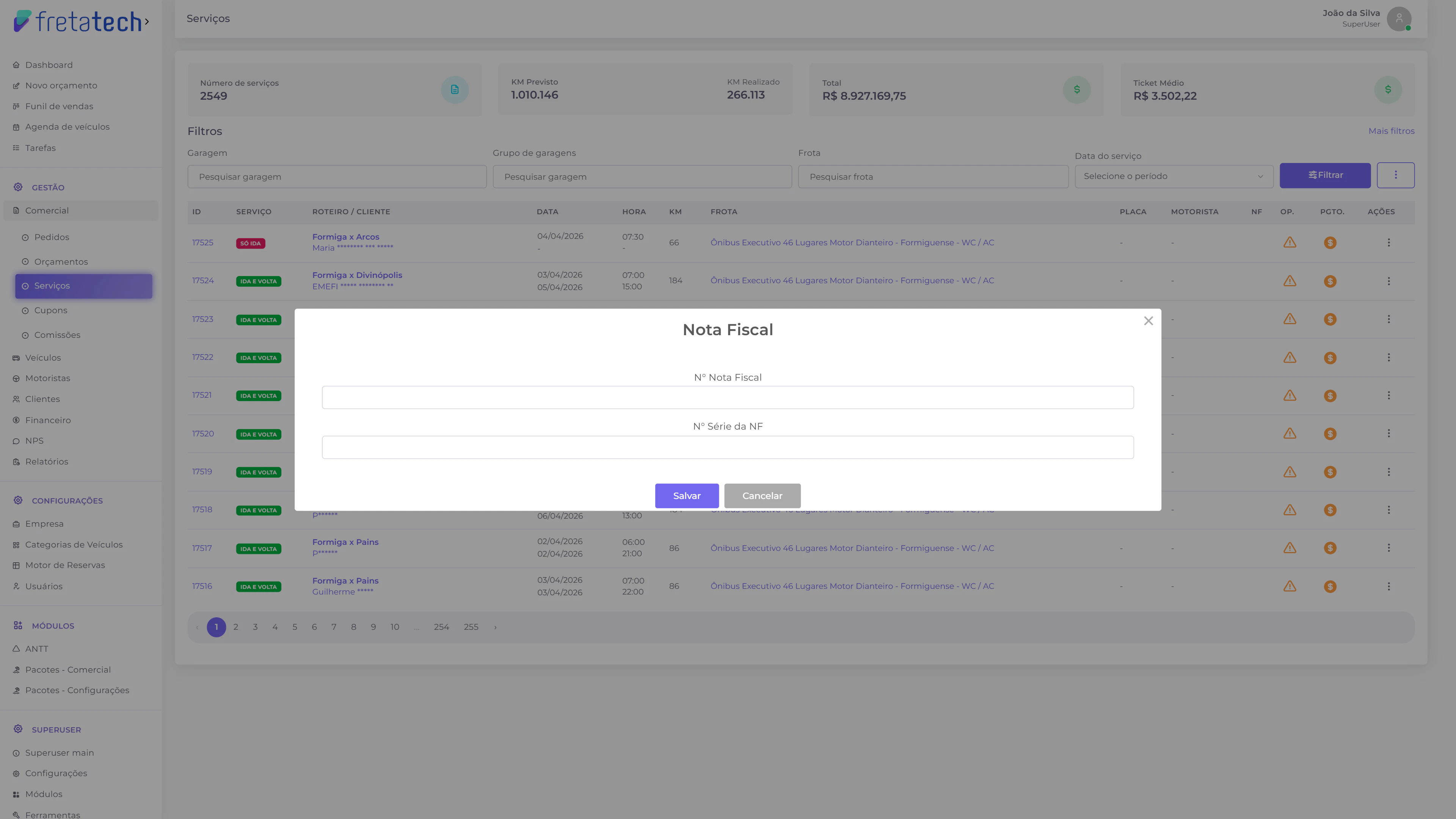 Dropdown de ações - nota fiscal