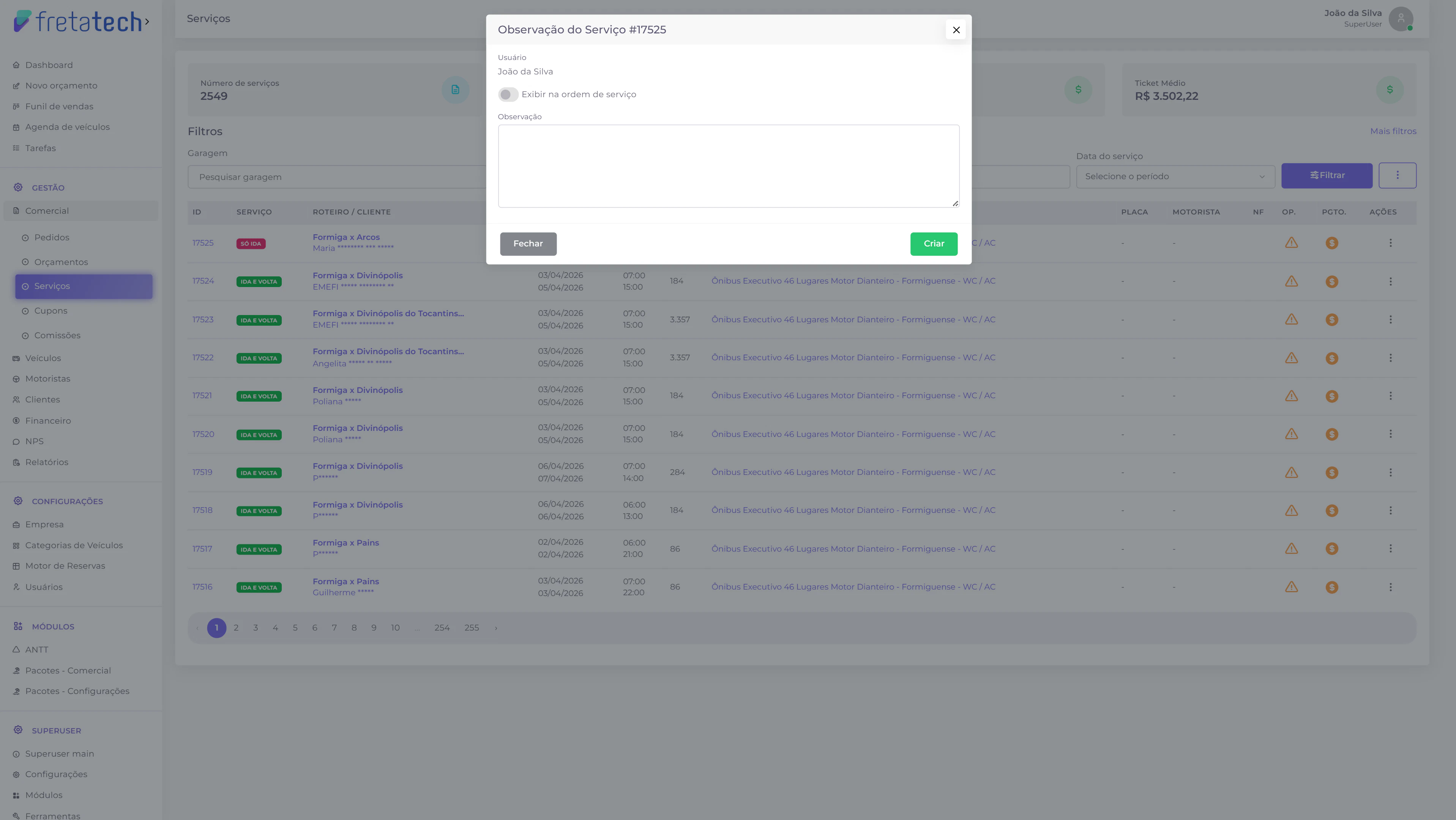 Dropdown de ações - nota fiscal
