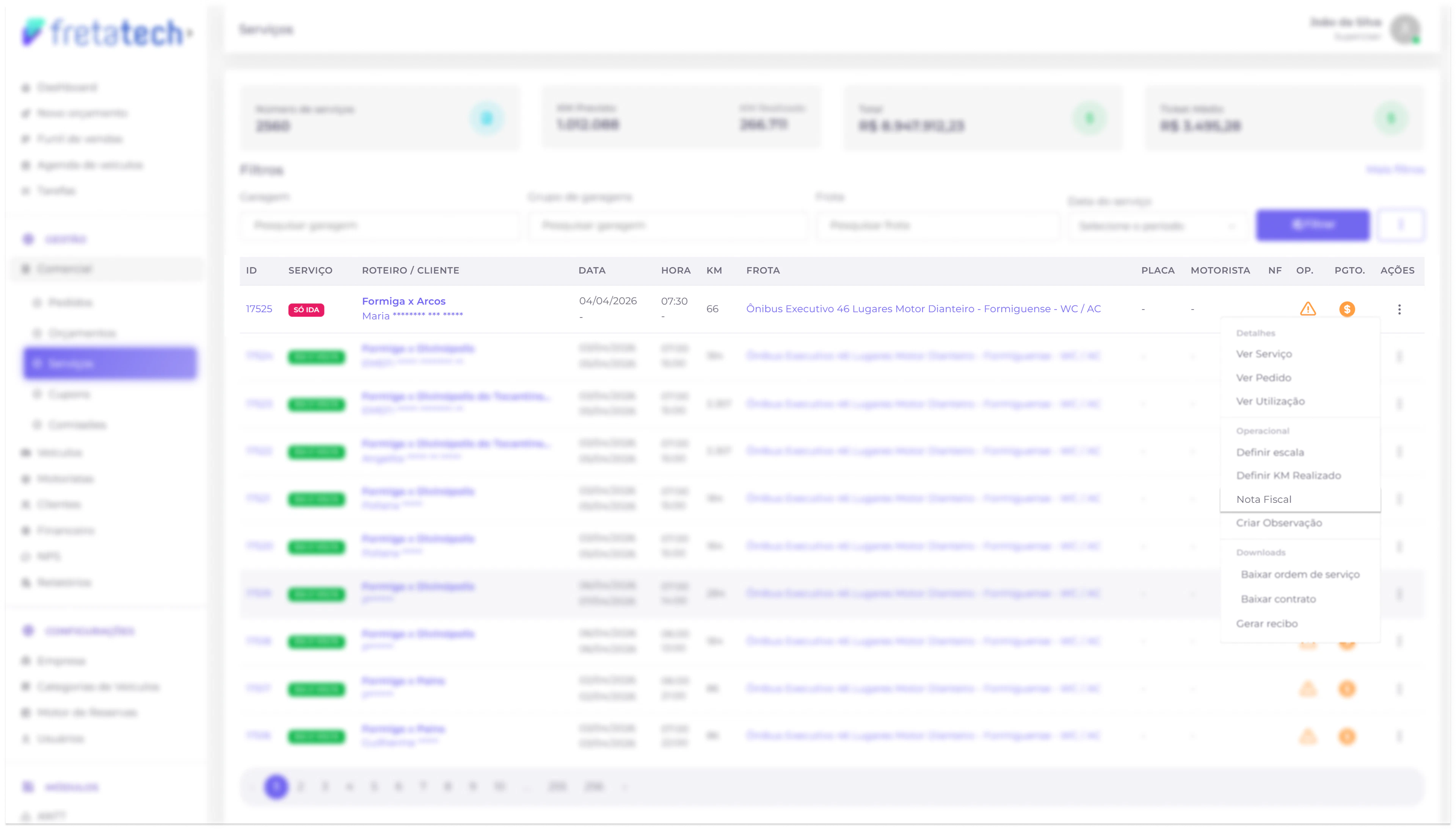 Dropdown de ações - nota fiscal
