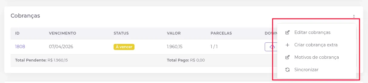 Dropdown de ações nas cobranças