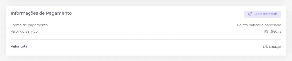 Card de informações de pagamento