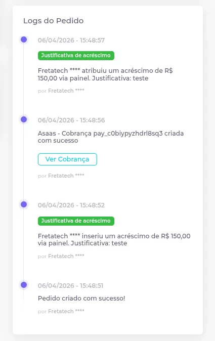 Card de logs do pedido