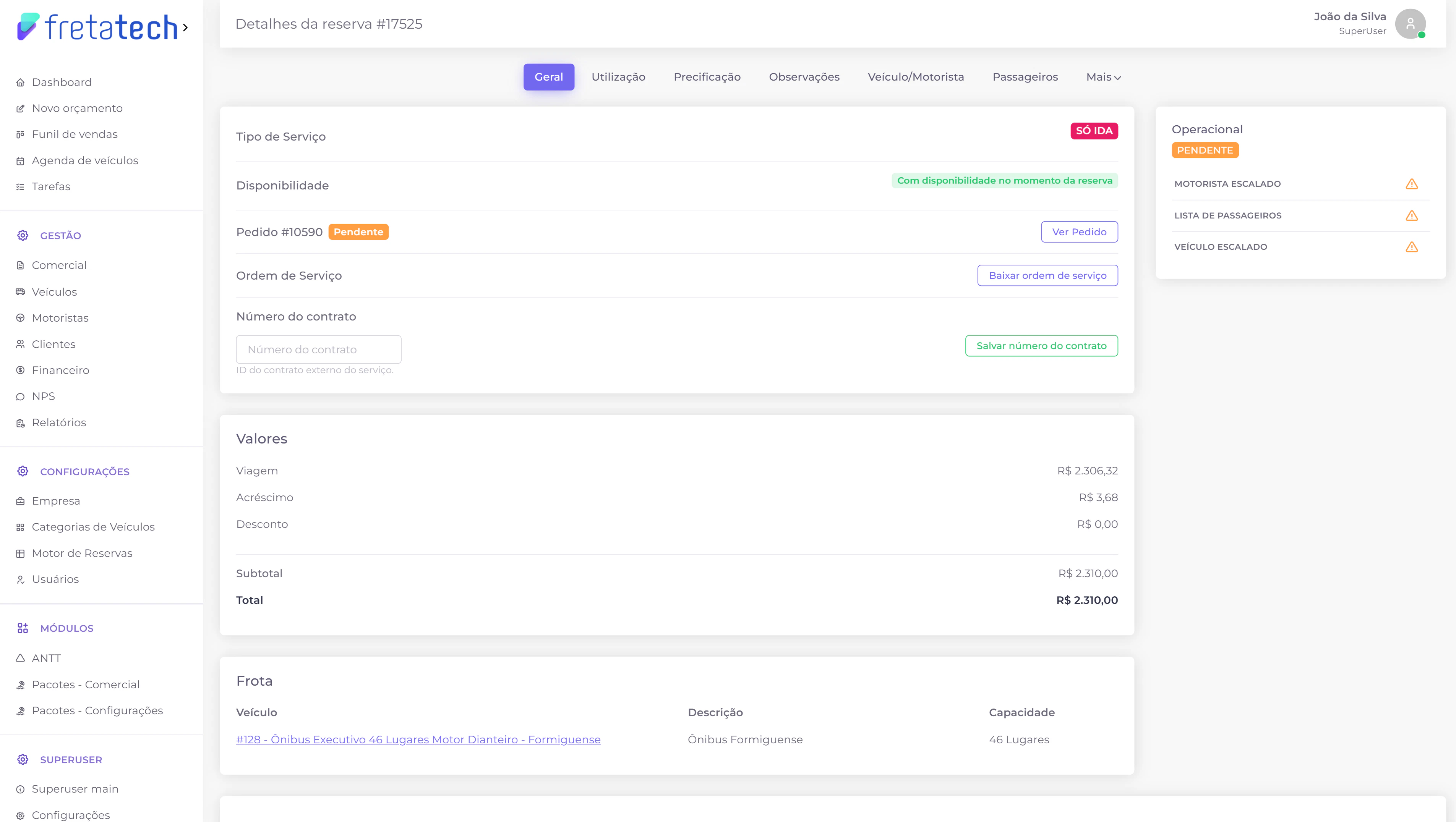 Aba geral do serviço
