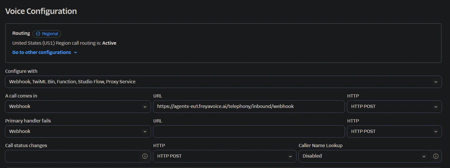 Twilio Voice Configuration showing the Freya inbound webhook URL