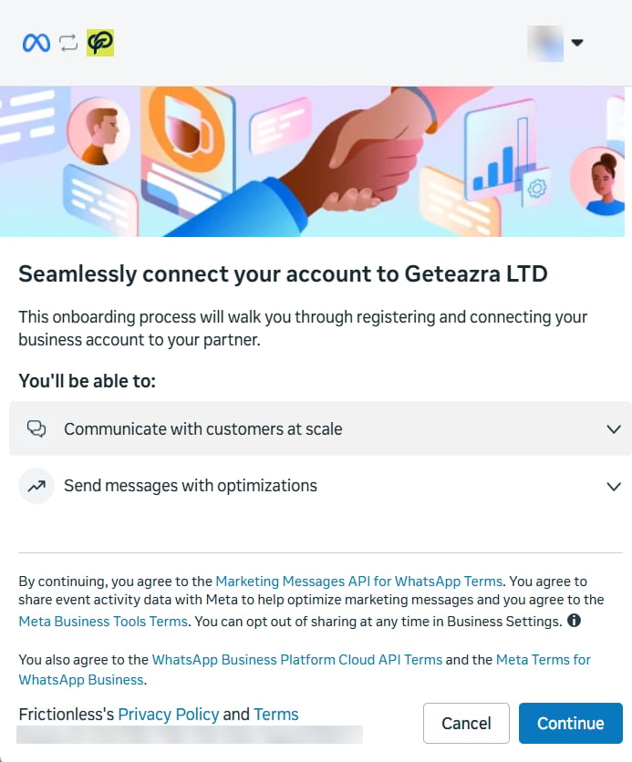 Meta window: Seamlessly connect your account to Geteazra LTD, with a Continue button