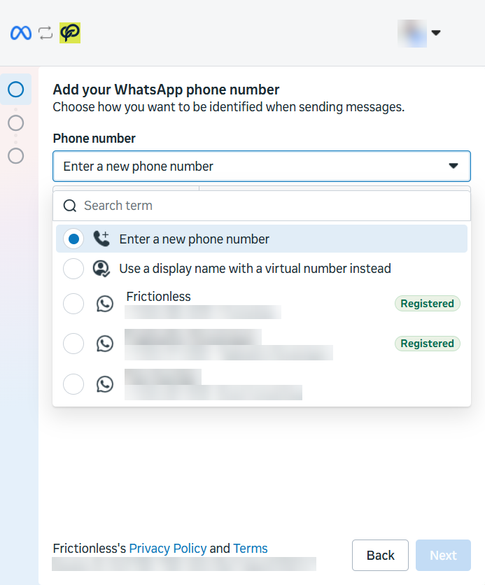 Meta window: Add your WhatsApp phone number, with a list of numbers to choose from