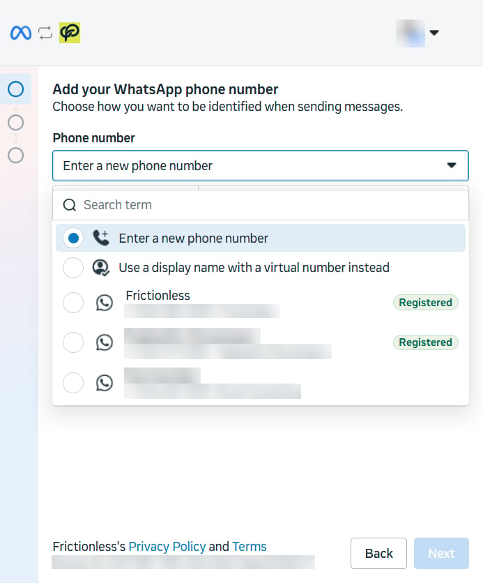 Meta window: Add your WhatsApp phone number, with a list of numbers to choose from