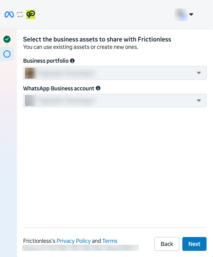 Meta window: Select the business assets to share with Frictionless