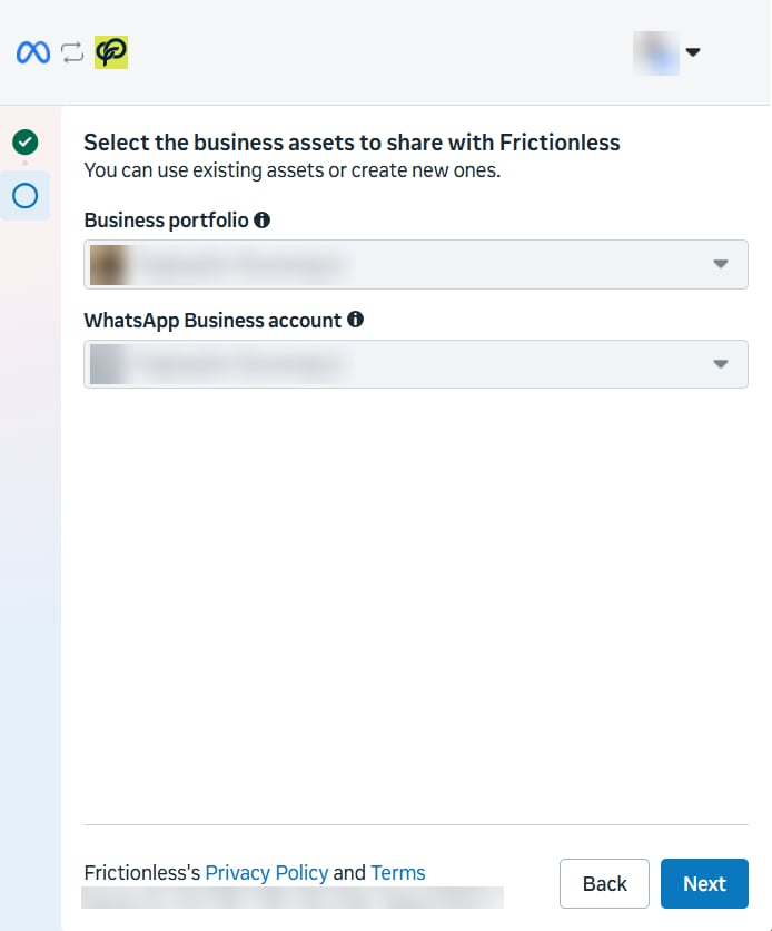 Meta window: Select the business assets to share with Frictionless