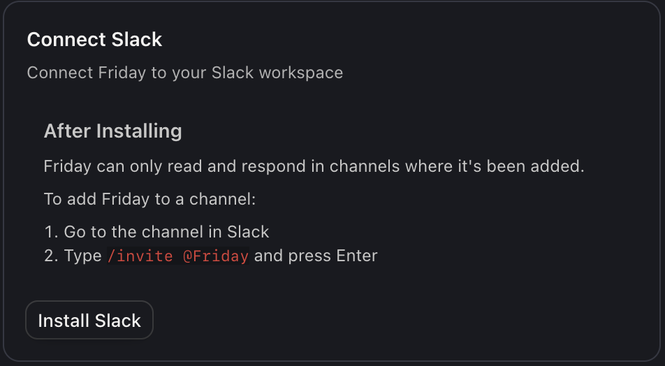 Friday prompting the user to install the Slack integration