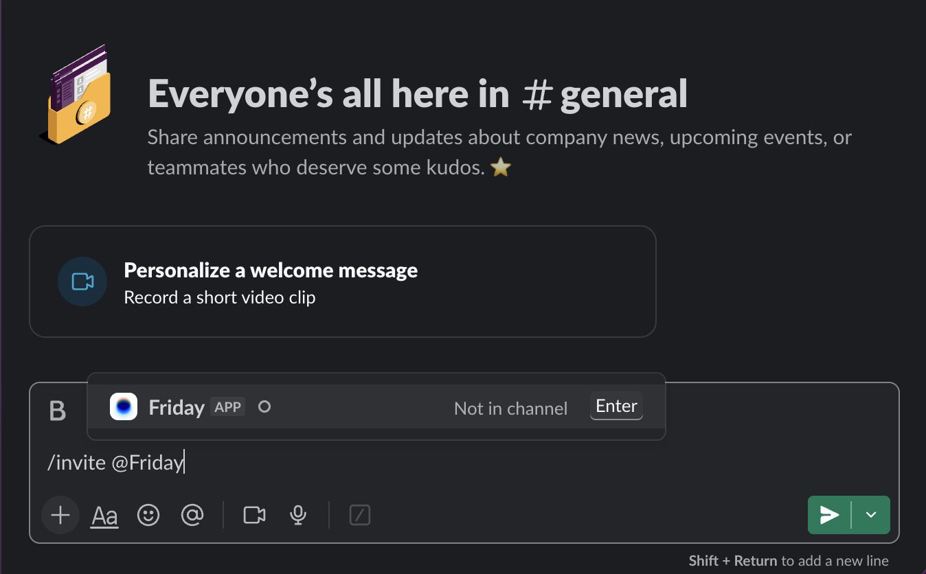 Using the /invite command to add the Friday bot to a Slack channel
