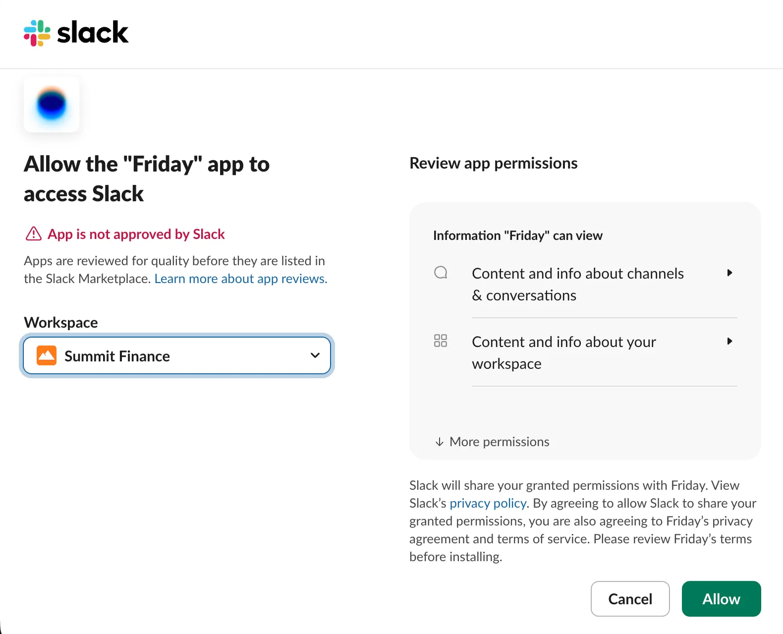 Slack OAuth authorization page for the Friday app