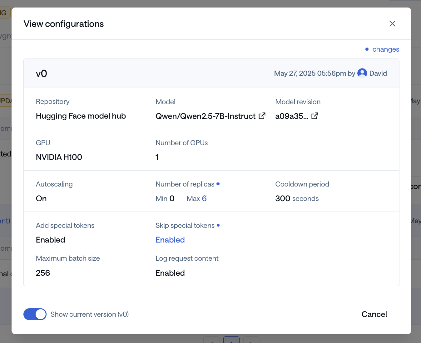 updated version configuration modal