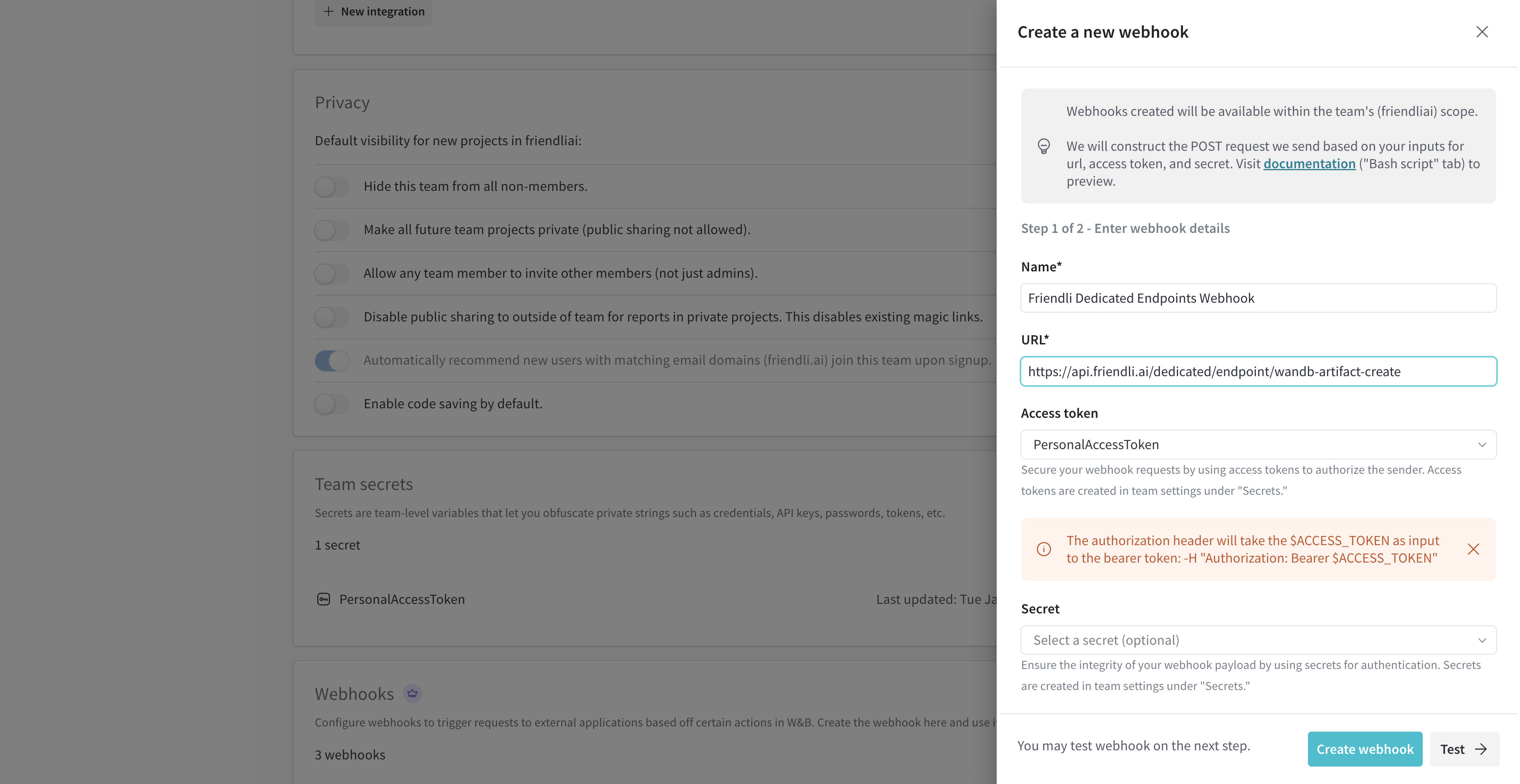 Configure webhook from Weights & Biases