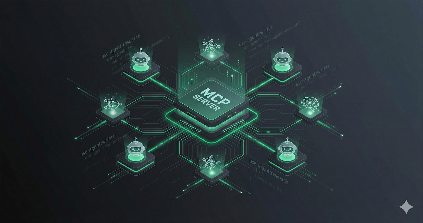 FrontMCP Agent as Tool architecture showing multiple agents connected to MCP server