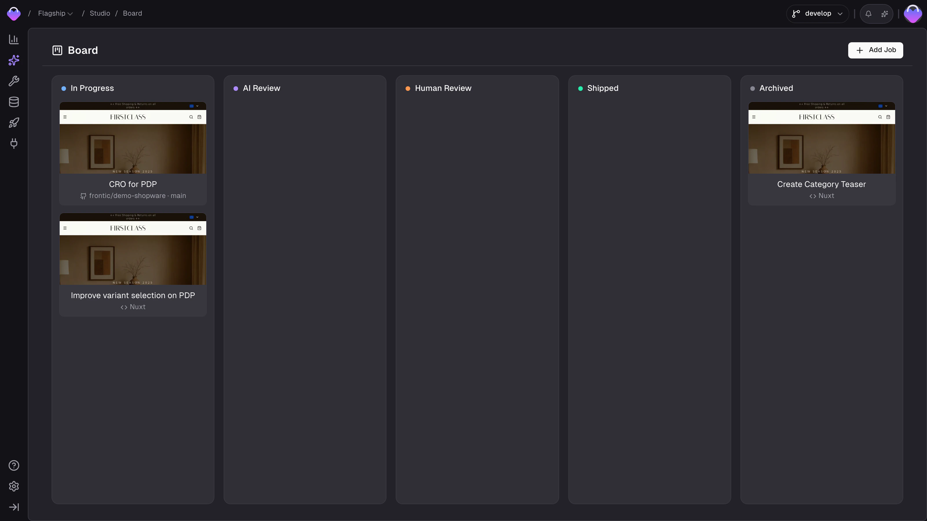 Studio Board with In Progress, AI Review, Human Review, Shipped, and Archived columns and job cards in each