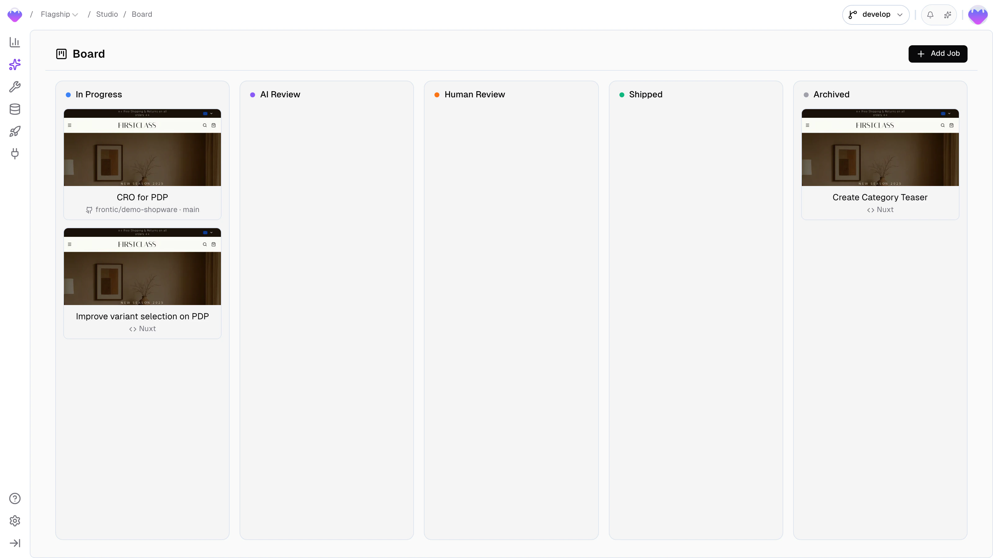 Studio Board with In Progress, AI Review, Human Review, Shipped, and Archived columns and job cards in each