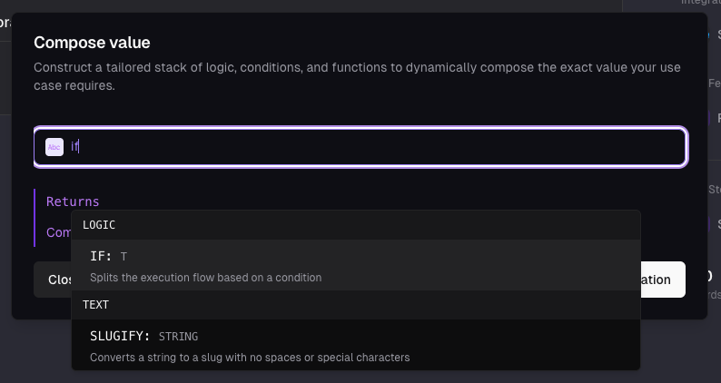 Value composer operation selector showing if function selected for conditional logic