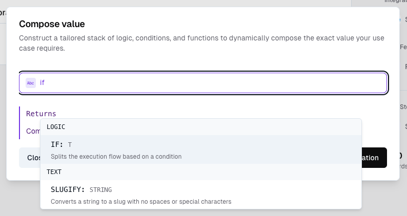Value composer operation selector showing if function selected for conditional logic