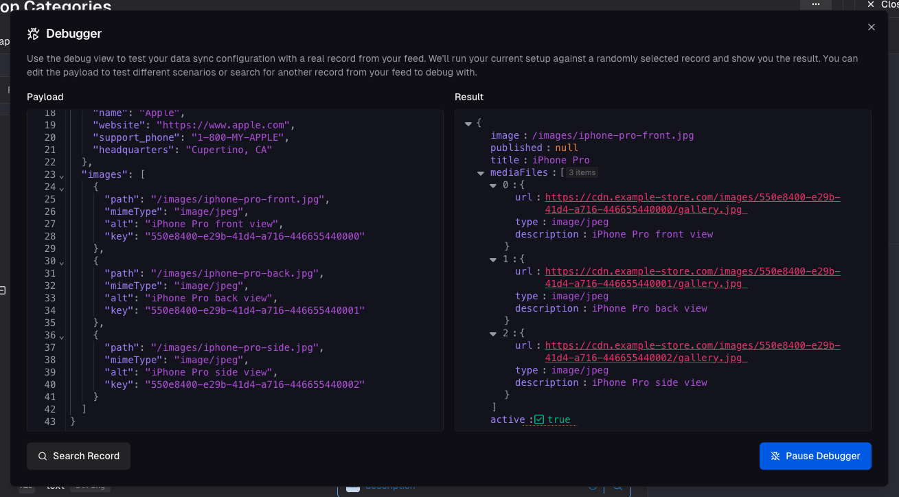Debugger output showing transformation of source images array into MediaFile objects with description, type, and url