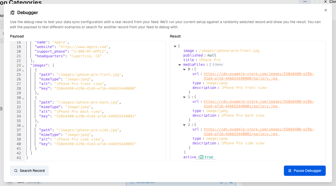 Debugger output showing transformation of source images array into MediaFile objects with description, type, and url
