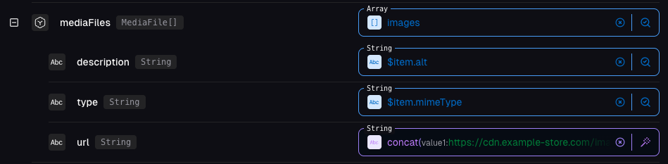 Complete array mapping configuration with concat function building image URLs from base path and item key