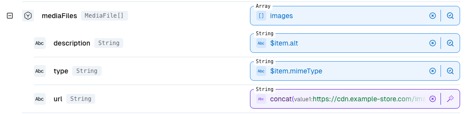 Complete array mapping configuration with concat function building image URLs from base path and item key