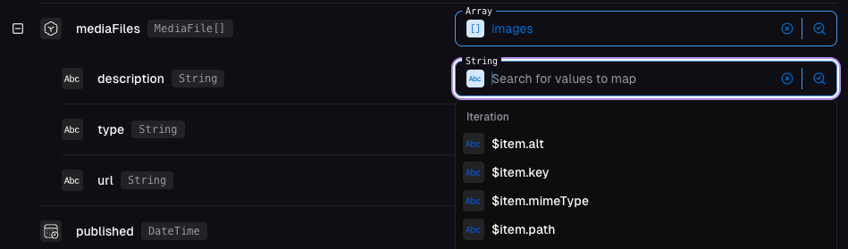 Mapping MediaFile fields using $item accessor to access current array item properties
