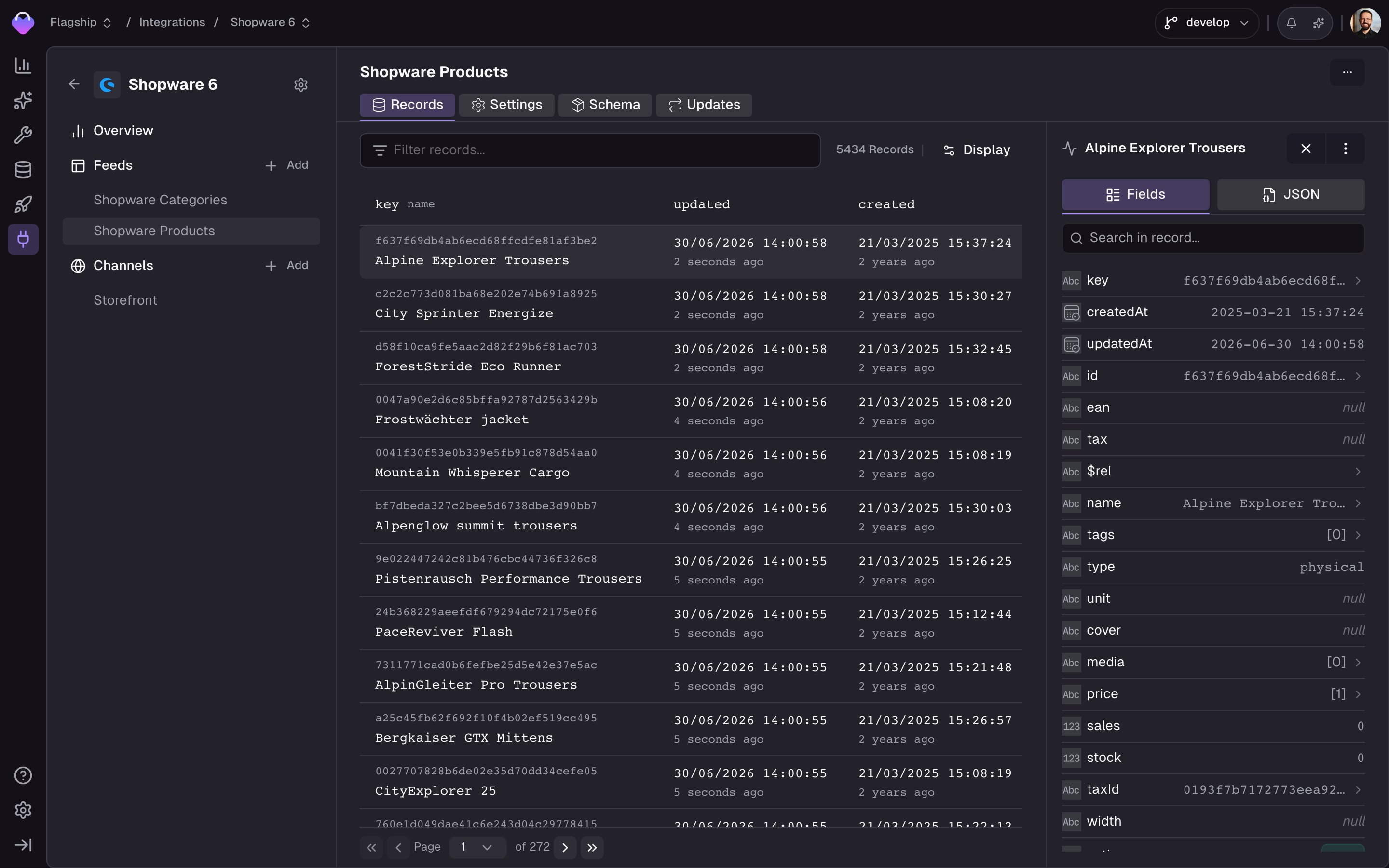Feed Records browser showing a filter bar, a paginated record list, channel, translation and currency context selector, and a detail panel with searchable fields and a Fields/JSON toggle