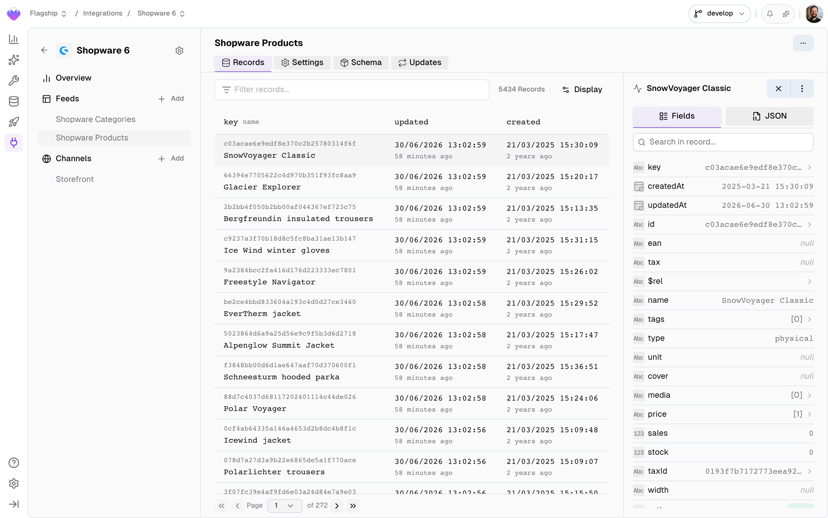 Feed Records browser showing a filter bar, a paginated record list, channel, translation and currency context selector, and a detail panel with searchable fields and a Fields/JSON toggle