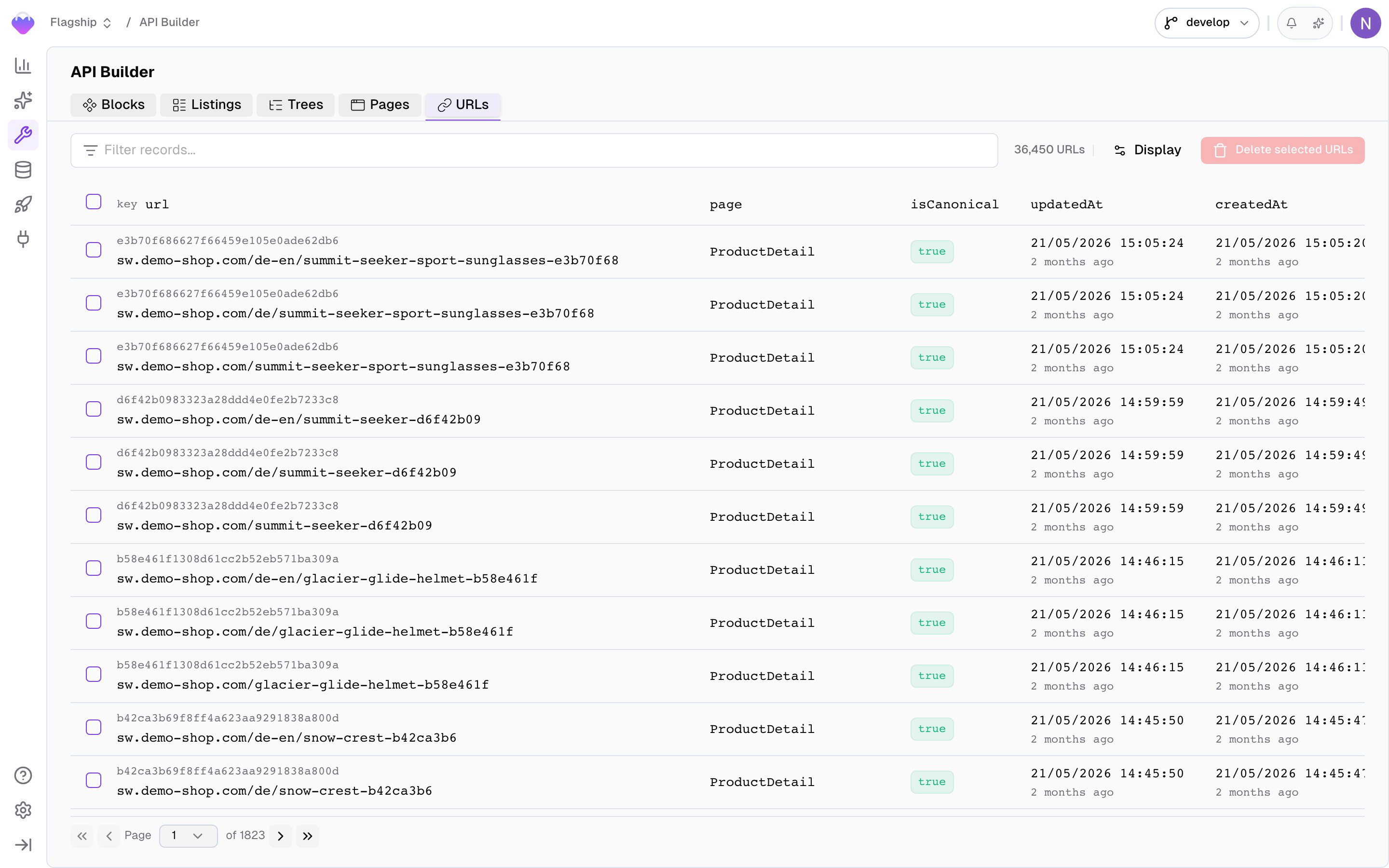 URL Browser showing generated page URLs with columns for key, full URL, page, canonical status, and timestamps
