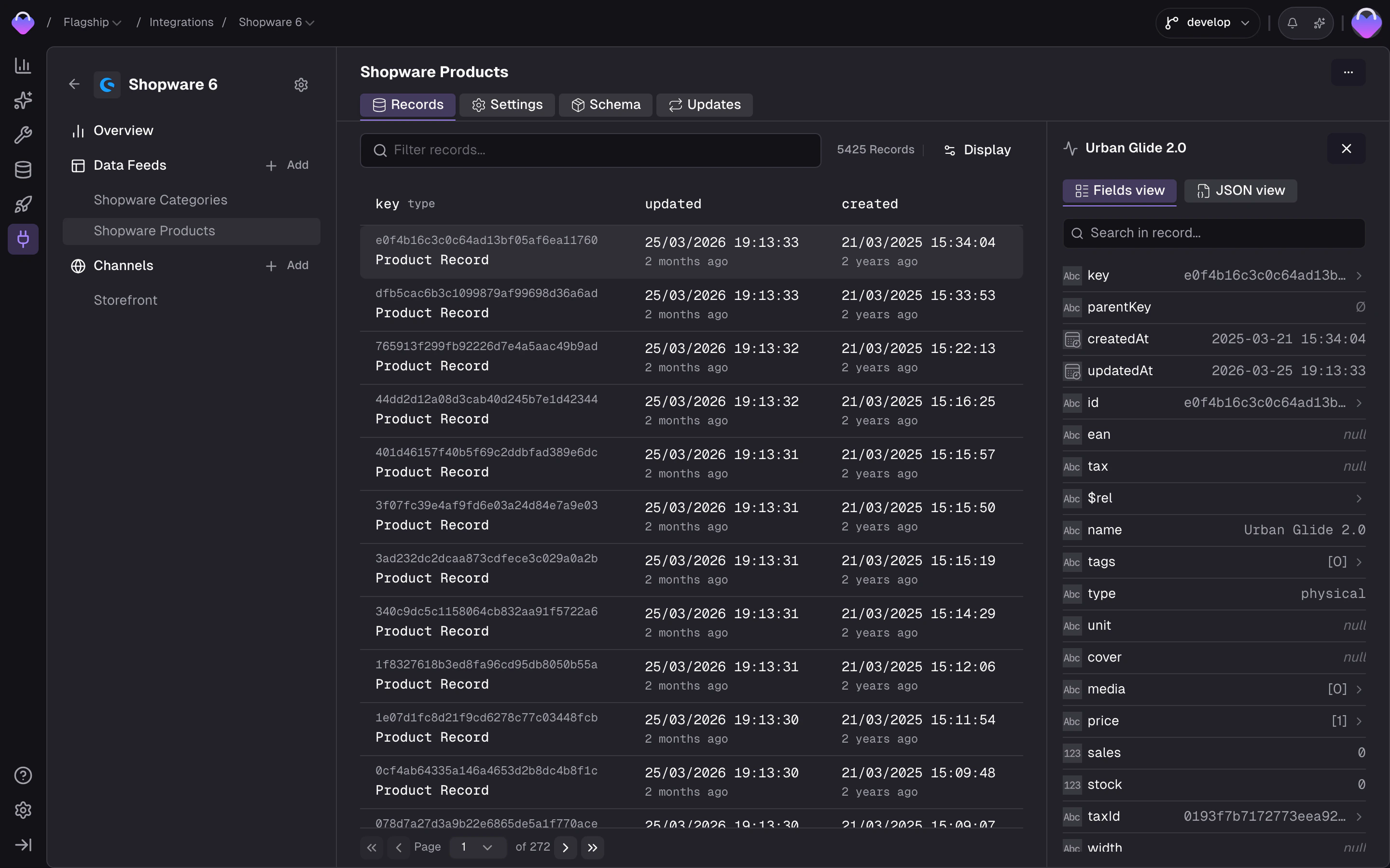 Feed Records browser showing a filter bar, a paginated record list, channel and translation context selector, and a detail panel with searchable fields and a Fields/JSON toggle