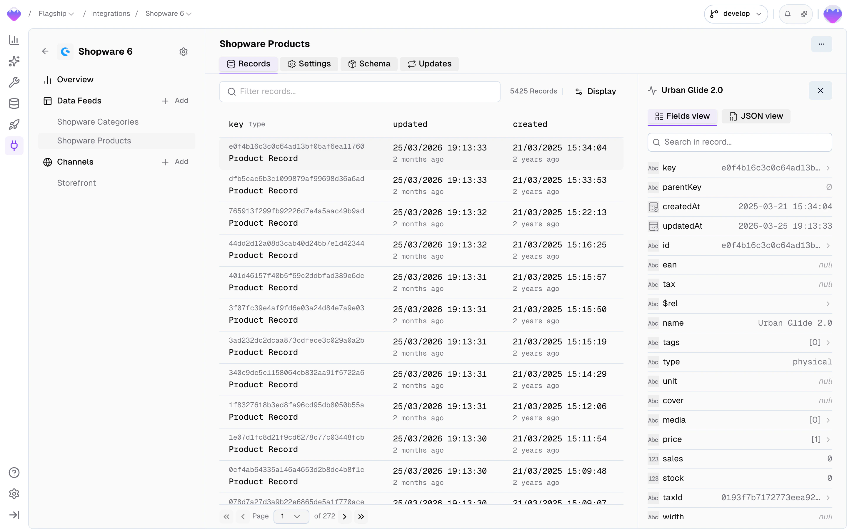 Feed Records browser showing a filter bar, a paginated record list, channel and translation context selector, and a detail panel with searchable fields and a Fields/JSON toggle