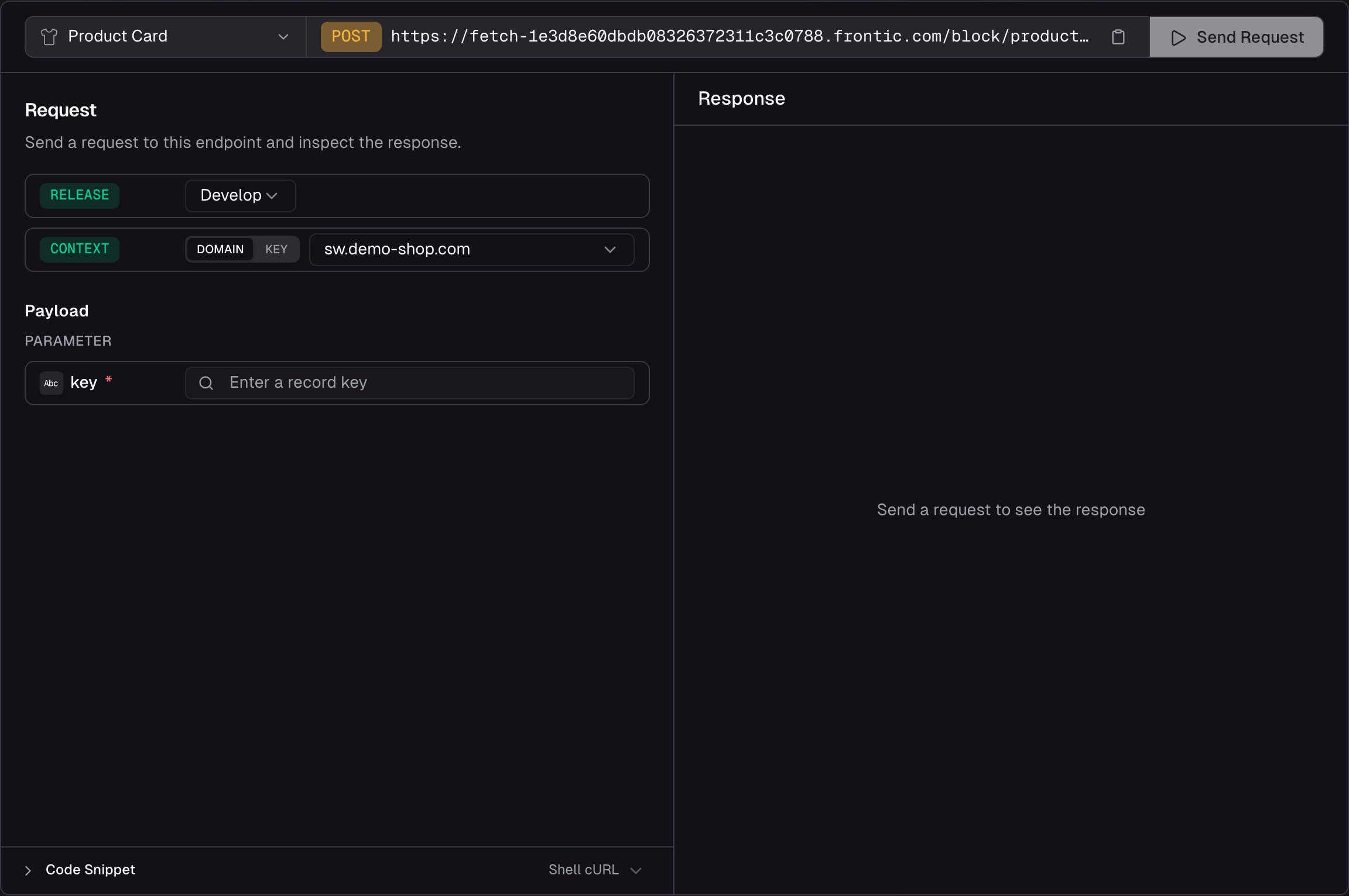API Playground dialog for a Detail Block showing key input on the left, domain and context header configuration, and JSON response with status and timing badges on the right