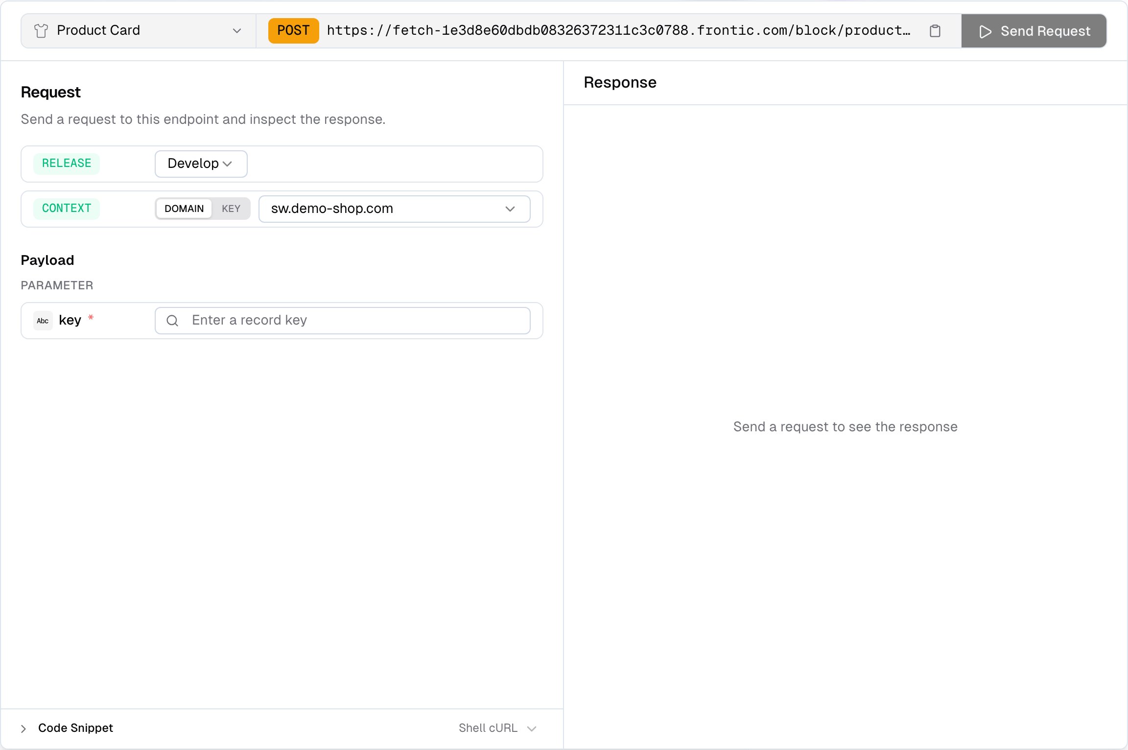 API Playground dialog for a Detail Block showing key input on the left, domain and context header configuration, and JSON response with status and timing badges on the right